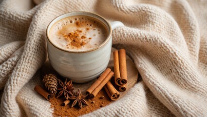 Warm cup of spiced latte with cinnamon sticks on soft knit fabric