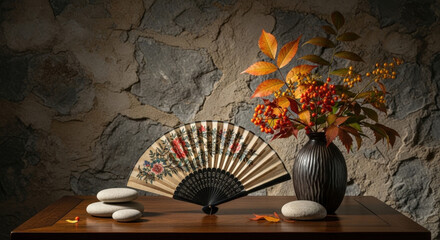 A serene still life composition featuring a decorative fan with intricate floral patterns on a dark wooden table