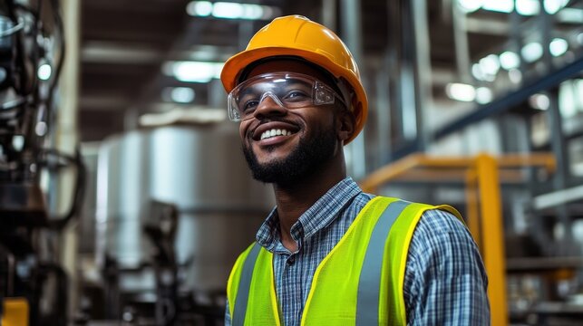 A factory worker in a hard hat and safety vest, smiling while observing industrial machinery.