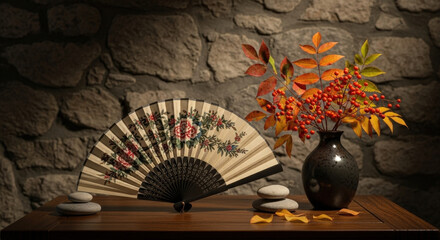 A serene still life composition featuring a decorative fan with intricate floral patterns on a dark wooden table