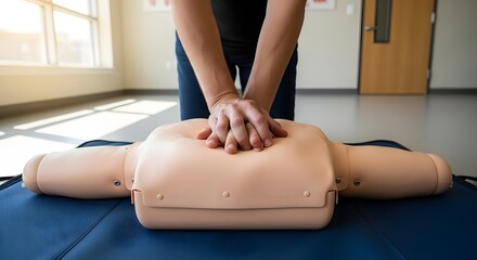 Hands performing cpr on a medical training mannequin in a bright room with a door in the background