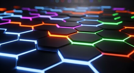 Abstract hexagonal pattern with glowing neon edges in vibrant blue, green, and orange colors