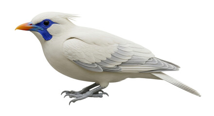 Isolated Bali Myna Bird with Blue Facial Skin, Beautiful White Plumage and Orange Beak