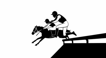 Thoroughbreds in Action Capturing the Thrill of Horse Racing with Two Jockeys Leaping Over a Hurdle