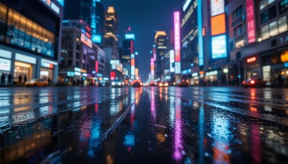 Skyscraper reflections in puddles, rainy city night, blurred neon colors, high detail texture.