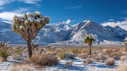 Snow blankets the desert landscape, highlighting unique Joshua trees against a backdrop of majestic mountains during daytime. The sky is clear with scattered clouds.