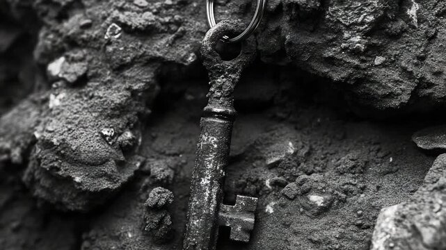 A rusty old key hangs from a chain on a rock, surrounded by natural elements