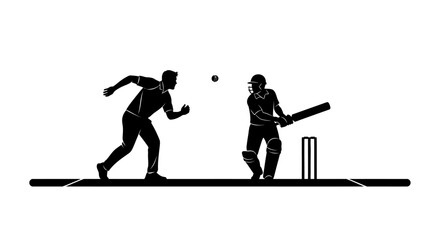 Silhouette of Cricketer Bowling to Batsman A Dynamic Black and White Illustration of the Sport