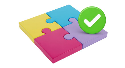 Isolated puzzle pieces and checkmark symbol represent solution, teamwork, success