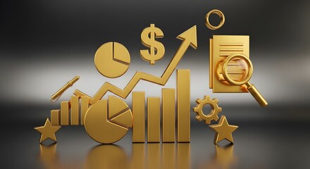 Golden financial chart with rising arrow, dollar sign, pie chart, and magnifying glass on dark background