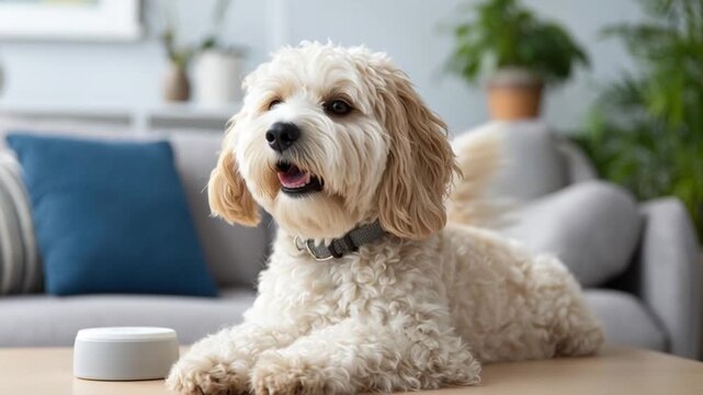 Adorable Cavapoo in a Cozy Home: A charming Cavapoo lies on the table in living room, exuding warmth and comfort with a soft and inviting atmosphere.