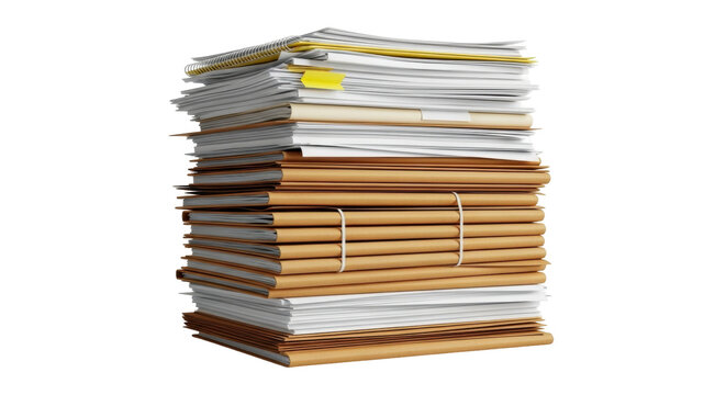 Isolated stack of files with brown folders and documents, organized business work routine