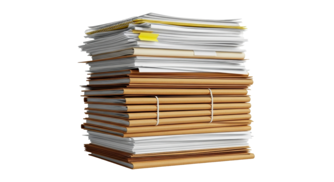 Isolated stack of files with brown folders and documents, organized business work routine