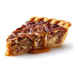 Slice of pecan pie with caramel glaze, isolated on white background.