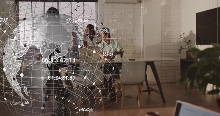 Business review sparking idea exchange, man drawing timeline on glass, team pointing at 3D globe - Powered by Adobe