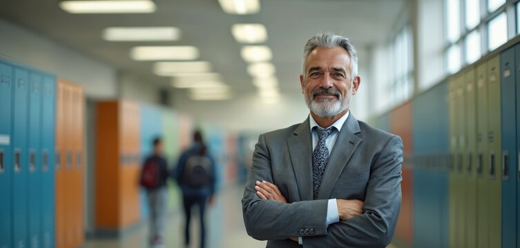 Portrait of school principal with gray hair in suit. He stands in school hallway, smiling confidently with crossed arms. Students walk behind him near lockers. He looks like leader.