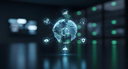 Digital globe with interconnected icons representing global network and technology in a futuristic data center environment