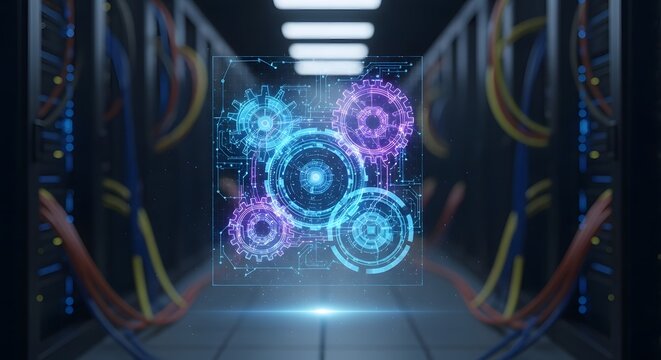 Abstract digital gears forming a complex mechanism within a server room, symbolizing data processing and technology