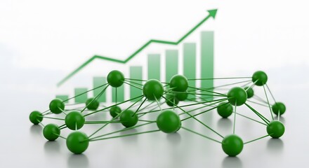 Green network of spheres connected by lines with a rising bar graph and arrow in the background, isolated on white background