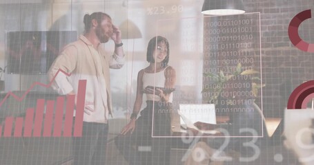 Team reviewing business data with digital animated charts appearing after tapping tablet in office - Powered by Adobe