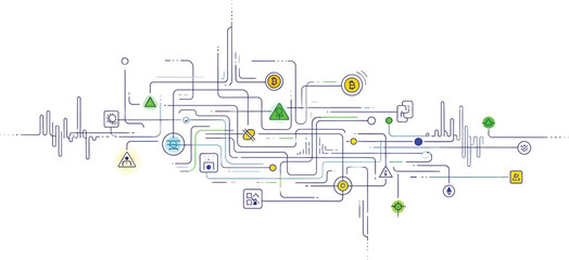 Abstract network diagram with bitcoin symbols triangles and lines on a white background design concept