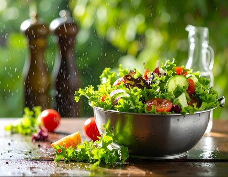 Fresh salad in a colander on a wooden table - Powered by Adobe