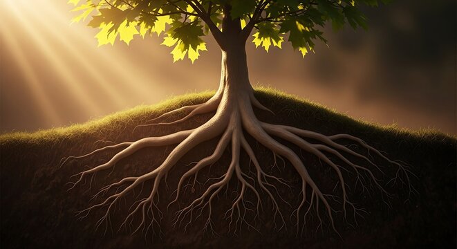 Strong roots and small tree in rich soil under warm light, symbolizing resilience