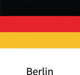 A german flag with black red and yellow horizontal stripes and the word berlin below it centered