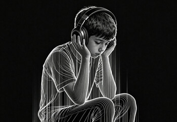 Autistic child boy with headphones sitting on floor in fetal position drawn in white line art symbolizing sensory overload isolation and deep emotional overwhelm