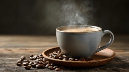 Steaming cup of coffee sits on a wooden surface with a wooden coaster, surrounded by roasted coffee beans in a rustic, warm, and inviting composition, capturing a moment of aroma.