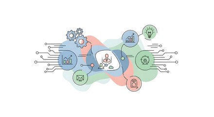 Business concept with icons for growth, ideas, and collaboration on a colorful abstract background