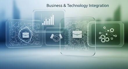 Business and technology integration concept with icons for finance, handshake, and networking