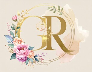 Golden monogram initials framed by floral wreath