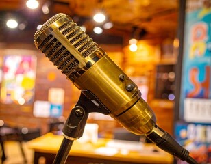 Golden microphone in a recording studio