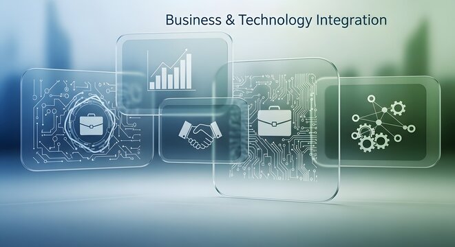 Business and technology integration concept with icons for finance, handshake, and networking