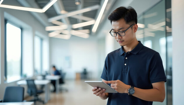 An Asian man wearing glasses looks at tablet screen. He is in a modern office setting with bright lighting. The male professional analyzes data working at a task.
