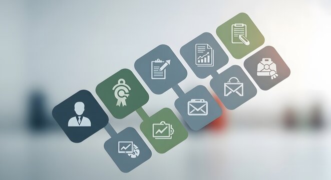 Business process icons arranged in a diagonal line on a blurred office background