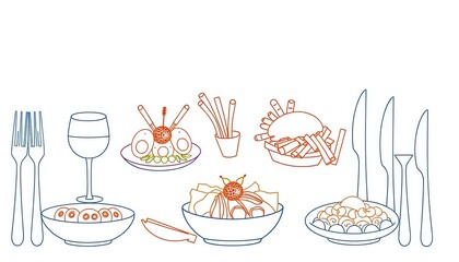Simple line art drawings of restaurant food and cutlery on a white background,  kitchen,  cafe