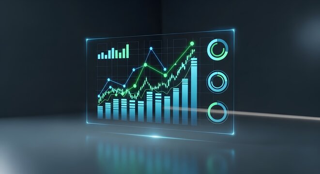 Futuristic digital dashboard displaying financial data with charts and graphs on a dark background
