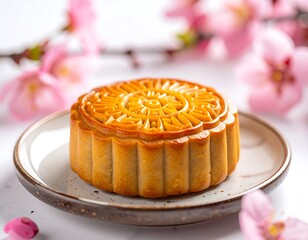 Golden mooncake on a plate with pink blossoms