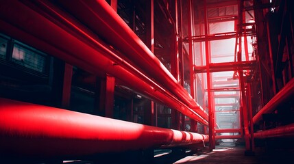 Intense red pipes dominate a large industrial interior space, forming an intricate network.