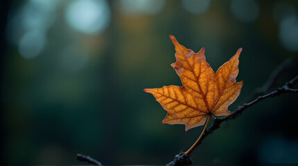 Obraz premium Single maple leaf on a branch against a dark background