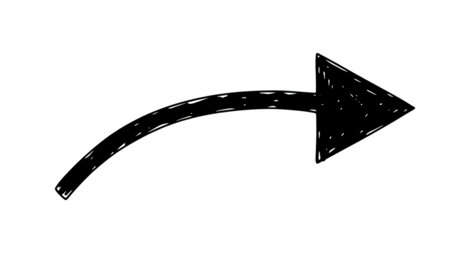 Hand drawn curved arrow pointing right sketch illustration isolated on transparent background