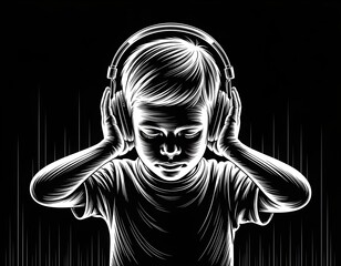 Autistic child boy wearing headphones in white line art style with expressive lighting on black background representing sensory processing and sound hypersensitivity