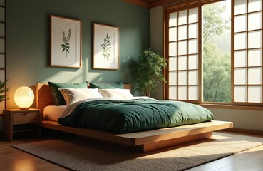 Obraz premium Japanese-style bedroom interior with wooden bed. Green tones, white bedding and soft light create calm atmosphere. Design features large window with natural view and zen decor.
