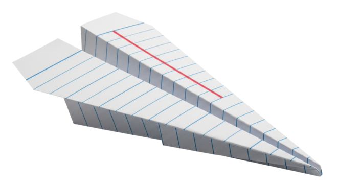 Isolated paper airplane flying on its own made with lined notebook paper and a red line drawn on top