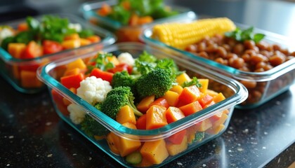 Colorful fresh vegan food prepped in glass containers. Healthy vegetables like broccoli, cauliflower, carrots, sweet potatoes, corn, beans ready for healthy lunch dinner. Meal planning promotes good