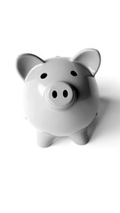 Cute piggy bank sitting on a surface with coin slot on top and eyes looking forward
