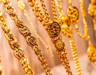 Golden necklaces and bracelets in various designs