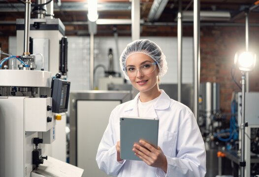 Medical professional in lab coat with tablet in clinical lab